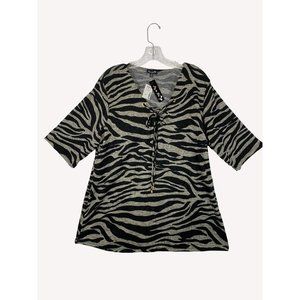 Fig & Blu Womens Animal Print Top Size 2XL Lace Up V Neck Tunic 3/4 Sleeve Shirt